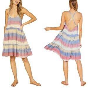 Outerknown Dress‎ Womens Medium Blue Pink Cielo Striped Mini Swing Cotton Hippie